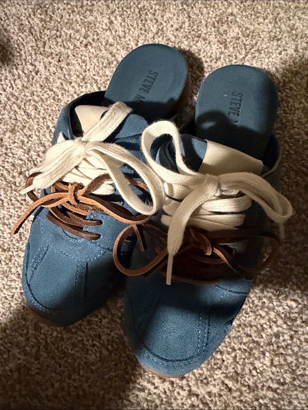 Steve Madden Blue Suede Slide Mules with White and Brown Laces